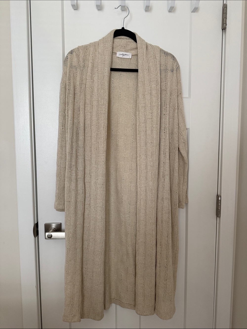 Carly Jean Los Angeles Long Open-Front Cable Knit Cardigan - Beige
